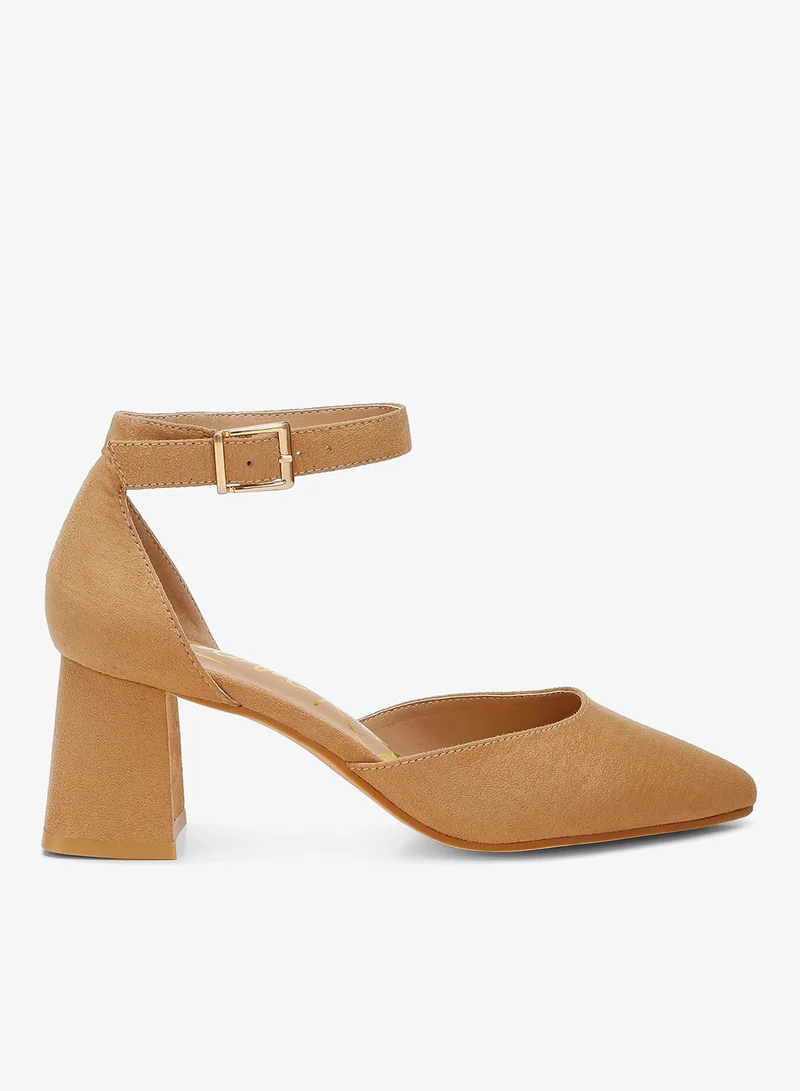 Microfiber Block Heel Sandals in Beige