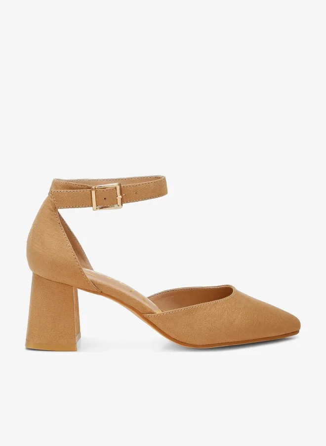 Microfiber Block Heel Sandals in Beige