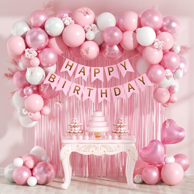 Leraqertra Pink Birthday Decorations with Pearl White Light Pearl Metallic Pink Foil Balloons Fringe Curtain Banner for Happy Birthday Decorations for Women - Image 1