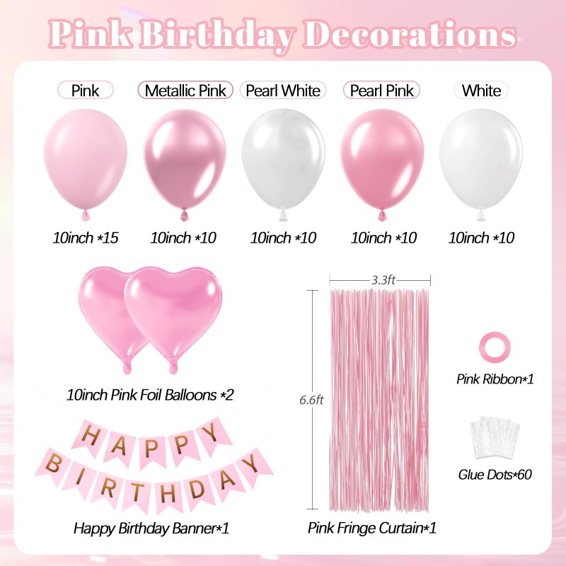Leraqertra Pink Birthday Decorations with Pearl White Light Pearl Metallic Pink Foil Balloons Fringe Curtain Banner for Happy Birthday Decorations for Women - Image 2