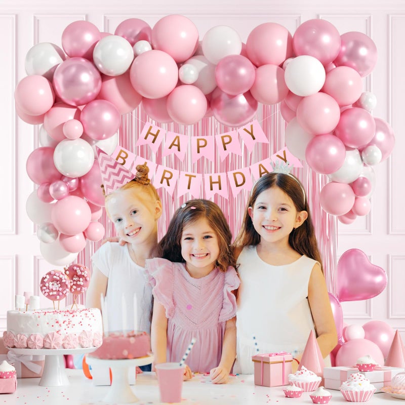 Leraqertra Pink Birthday Decorations with Pearl White Light Pearl Metallic Pink Foil Balloons Fringe Curtain Banner for Happy Birthday Decorations for Women - Image 5