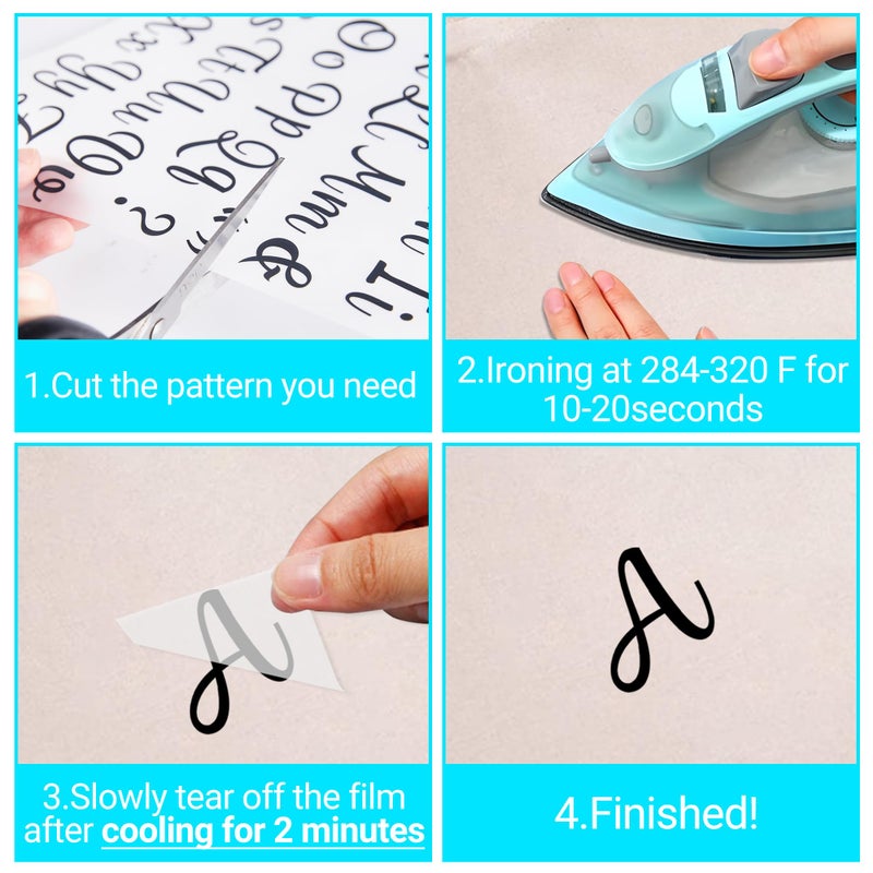 LUHIMO 5 Sheets 285 Pieces Iron On Letters for Clothing, 1 Inch Black Heat Transfer Vinyl Letters, Iron On Cursive Upper & Lowercase Alphabets Decals with A-Z for Backpackï¼ŒJerseysï¼ŒFabric T-Shirts DIY - Image 3