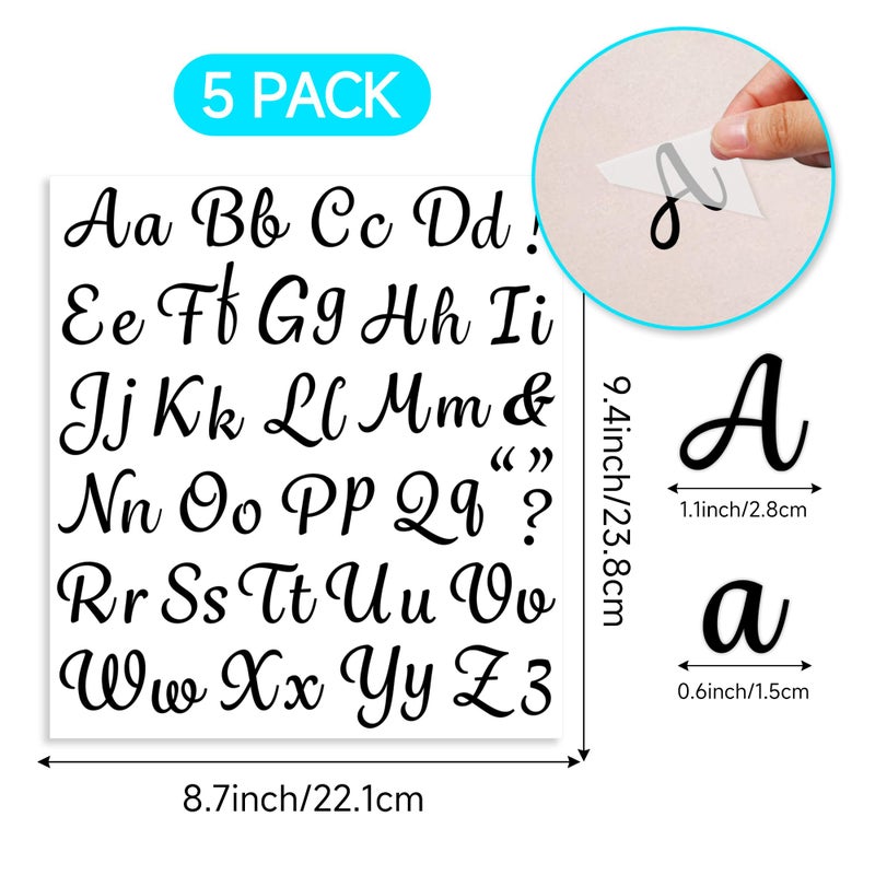LUHIMO 5 Sheets 285 Pieces Iron On Letters for Clothing, 1 Inch Black Heat Transfer Vinyl Letters, Iron On Cursive Upper & Lowercase Alphabets Decals with A-Z for Backpackï¼ŒJerseysï¼ŒFabric T-Shirts DIY - Image 2