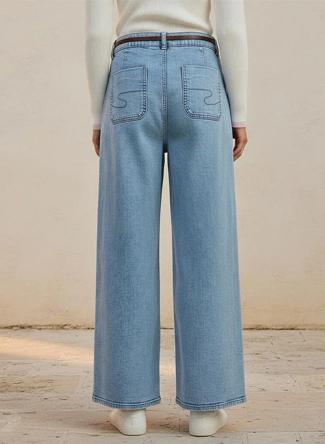 Lee Cooper BLUE Lee Cooper Wide Leg Belted Cotton Jeans for Women | Best Price UAE