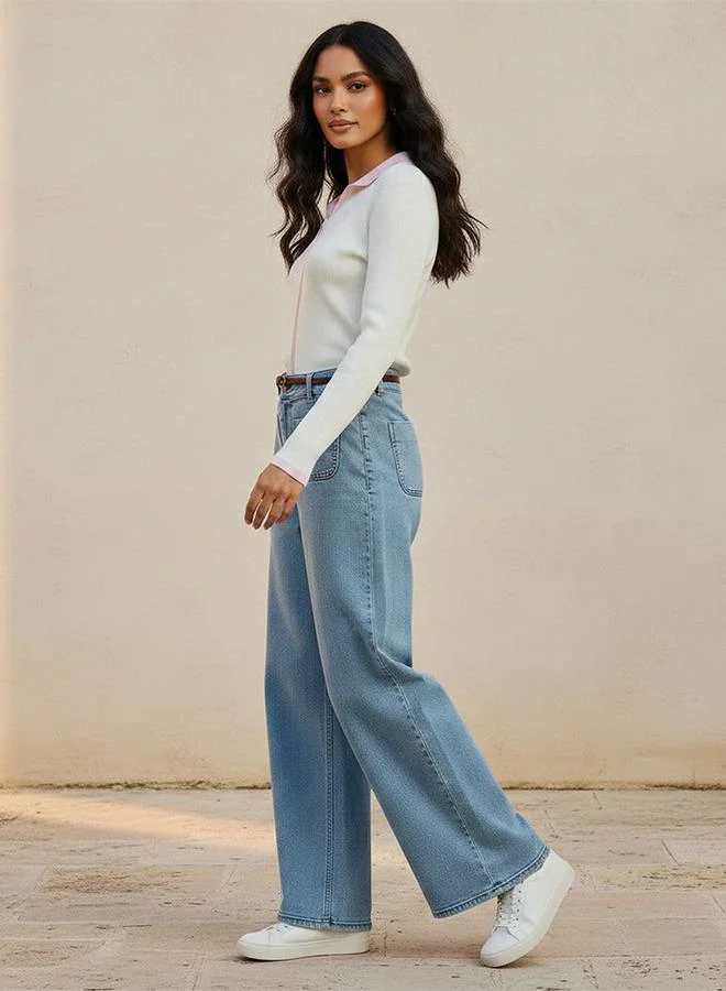 Lee Cooper BLUE Lee Cooper Wide Leg Belted Cotton Jeans for Women | Best Price UAE