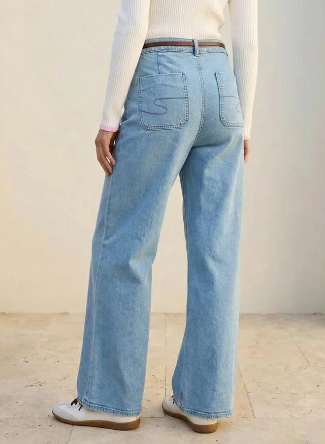 Lee Cooper BLUE Lee Cooper Wide Leg Belted Cotton Jeans for Women | Best Price UAE