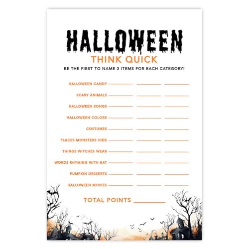 Andaz Press 4x6 Halloween Birthday Party Games Halloween Think Quick Game Cards Halloween Party Games Activity Spooky Haunted House Fun Halloween Games 24 Pack - Image 1