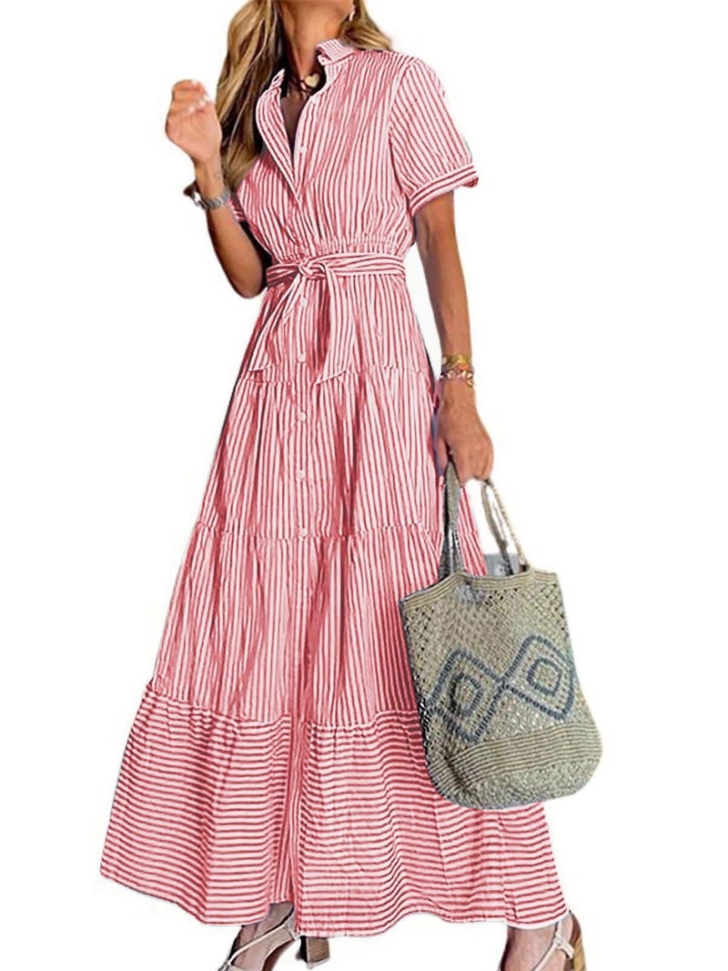 utcoco Womens Casual Short Sleeve Button Down Tie Waist Ruffled Striped Maxi Shirt Dress (XX-Large, Red) - Image 1