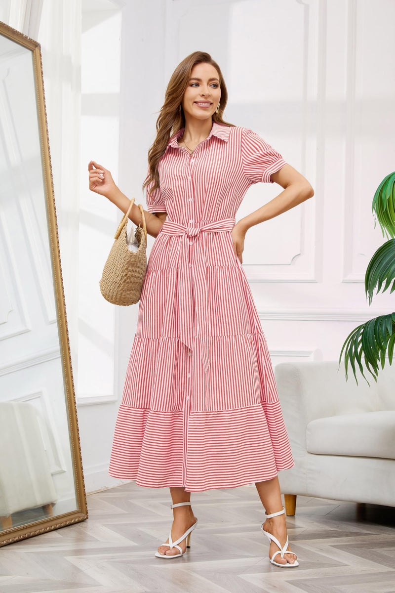 utcoco Womens Casual Short Sleeve Button Down Tie Waist Ruffled Striped Maxi Shirt Dress (XX-Large, Red) - Image 5