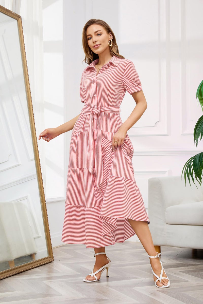 utcoco Womens Casual Short Sleeve Button Down Tie Waist Ruffled Striped Maxi Shirt Dress (XX-Large, Red) - Image 2