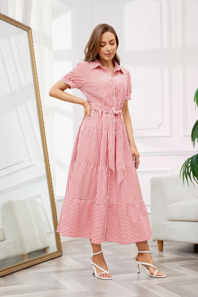 utcoco Womens Casual Short Sleeve Button Down Tie Waist Ruffled Striped Maxi Shirt Dress (XX-Large, Red) - Image 4