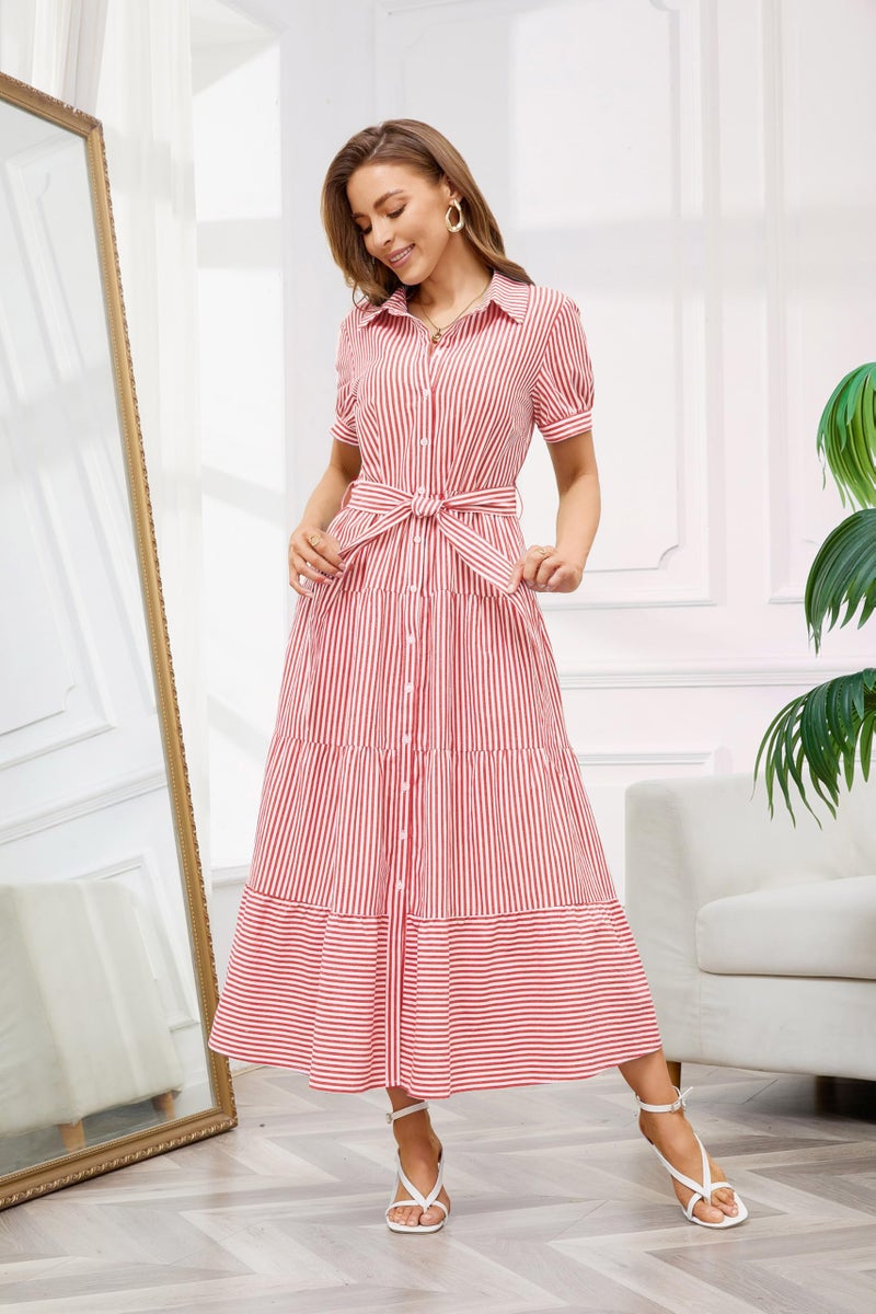 utcoco Womens Casual Short Sleeve Button Down Tie Waist Ruffled Striped Maxi Shirt Dress (XX-Large, Red) - Image 3