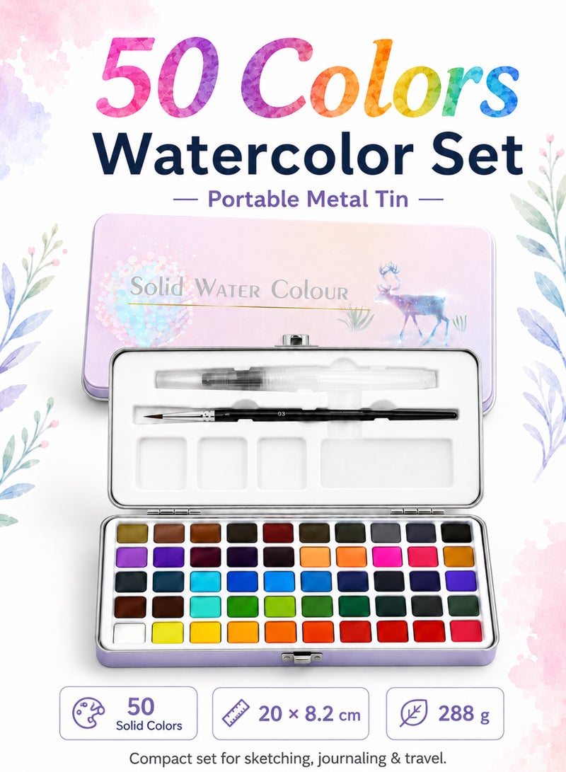 ULHYC 50 Colors Solid Watercolor Paint Set with Brushes Portable Travel Watercolour Palette Art Supplies for Beginners Artists Kids Drawing Painting - Image 1