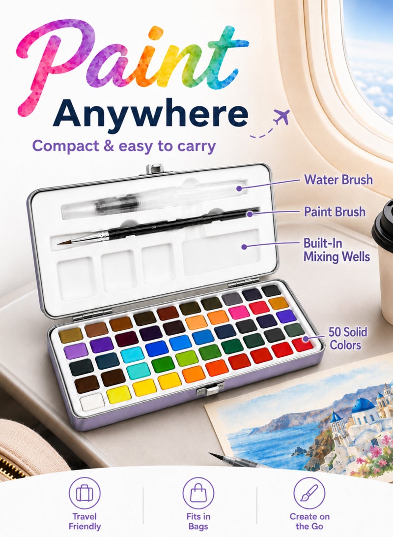 ULHYC 50 Colors Solid Watercolor Paint Set with Brushes Portable Travel Watercolour Palette Art Supplies for Beginners Artists Kids Drawing Painting - Image 3