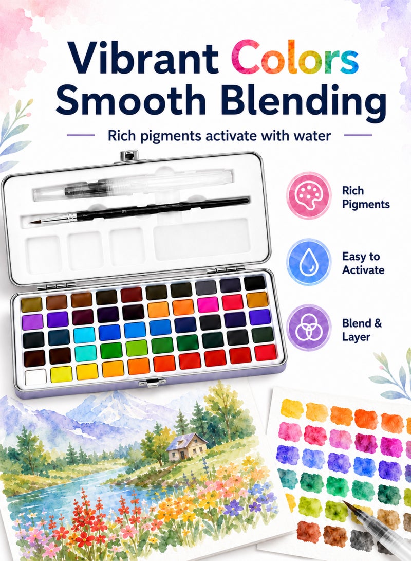 ULHYC 50 Colors Solid Watercolor Paint Set with Brushes Portable Travel Watercolour Palette Art Supplies for Beginners Artists Kids Drawing Painting - Image 5