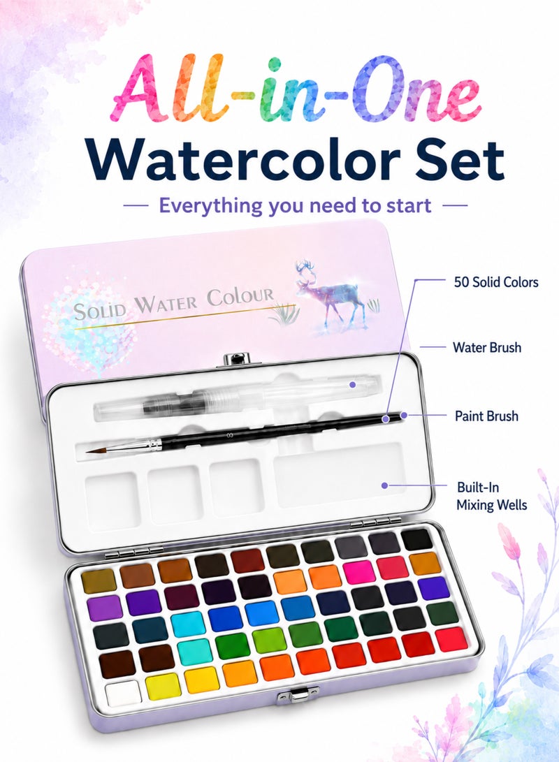 ULHYC 50 Colors Solid Watercolor Paint Set with Brushes Portable Travel Watercolour Palette Art Supplies for Beginners Artists Kids Drawing Painting - Image 2