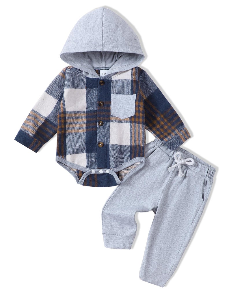 Renotemy Newborn Infant Baby Boy Clothes Winter Baby Boy Fall Outfits Plaid Flannel Baby Hoodie Romper Preemie Baby Clothes for Boys 0-3 Months - Image 1