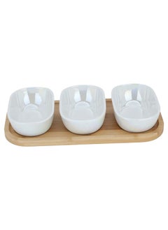 Alsaif Gallery Deep oval beige porcelain yogurt set with wooden plate, 3 pieces  - Image 1