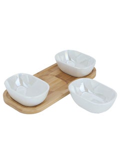 Alsaif Gallery Deep oval beige porcelain yogurt set with wooden plate, 3 pieces  - Image 2