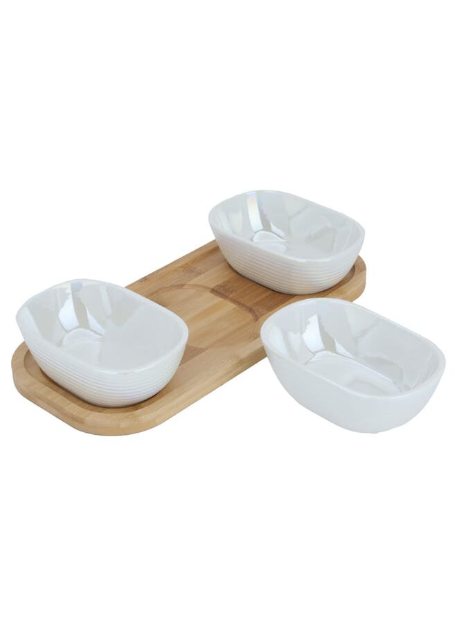 Alsaif Gallery - Deep oval beige porcelain yogurt set with wooden plate, 3 pieces - Image 1