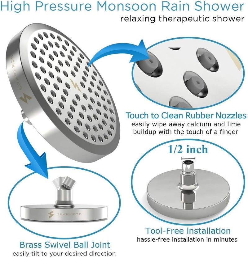 SparkPod Shower Head - High Pressure Rain - Premium Quality Luxury Design - 1-Min Install - Easy Clean Adjustable Replacement for Your Bathroom Shower Heads (Luxury Polished Chrome, 6 Inch Round) - Image 4