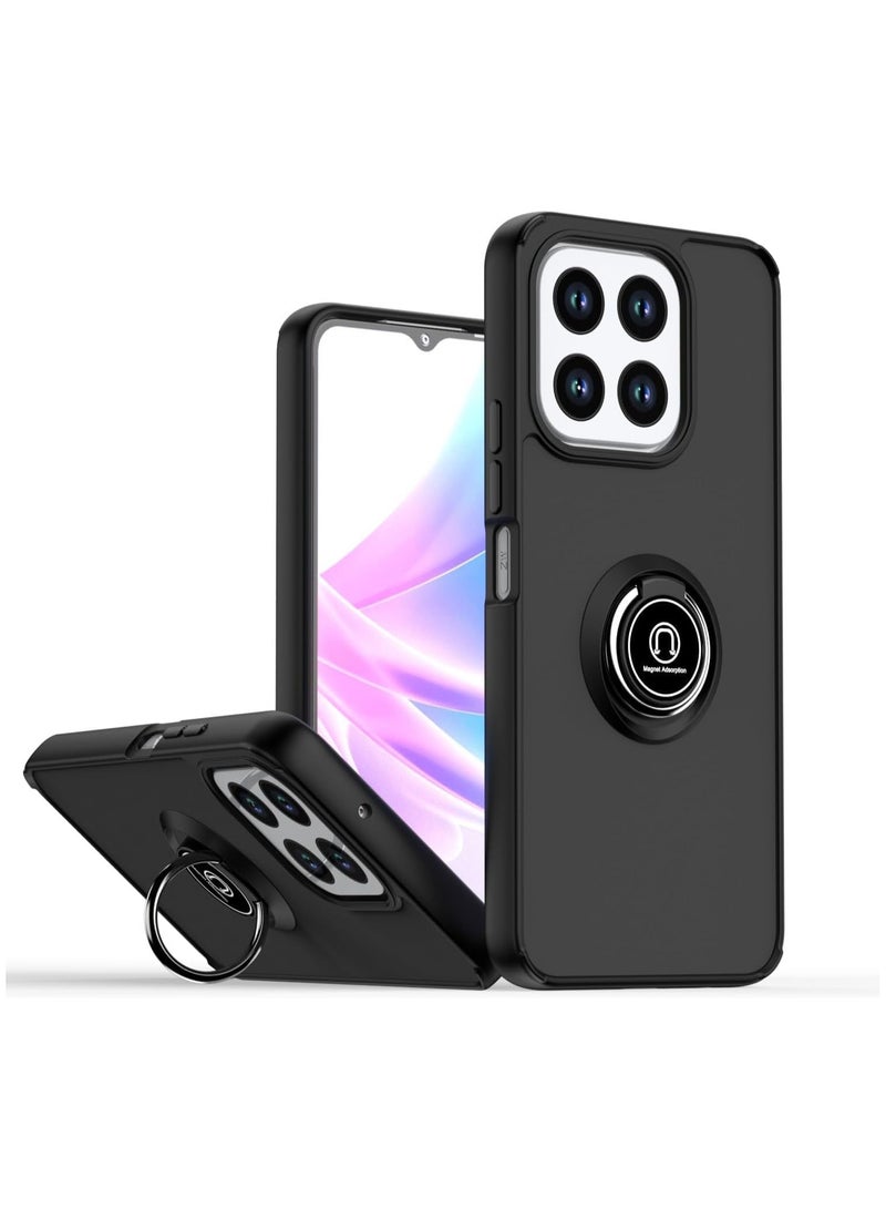 Honor X6C Case Camera Protection Thin Translucent Shockproof Matte Back Cover with 360 rotational Car Mount Magnetic Ring Holder Case For Honor X6C 2025 Black
