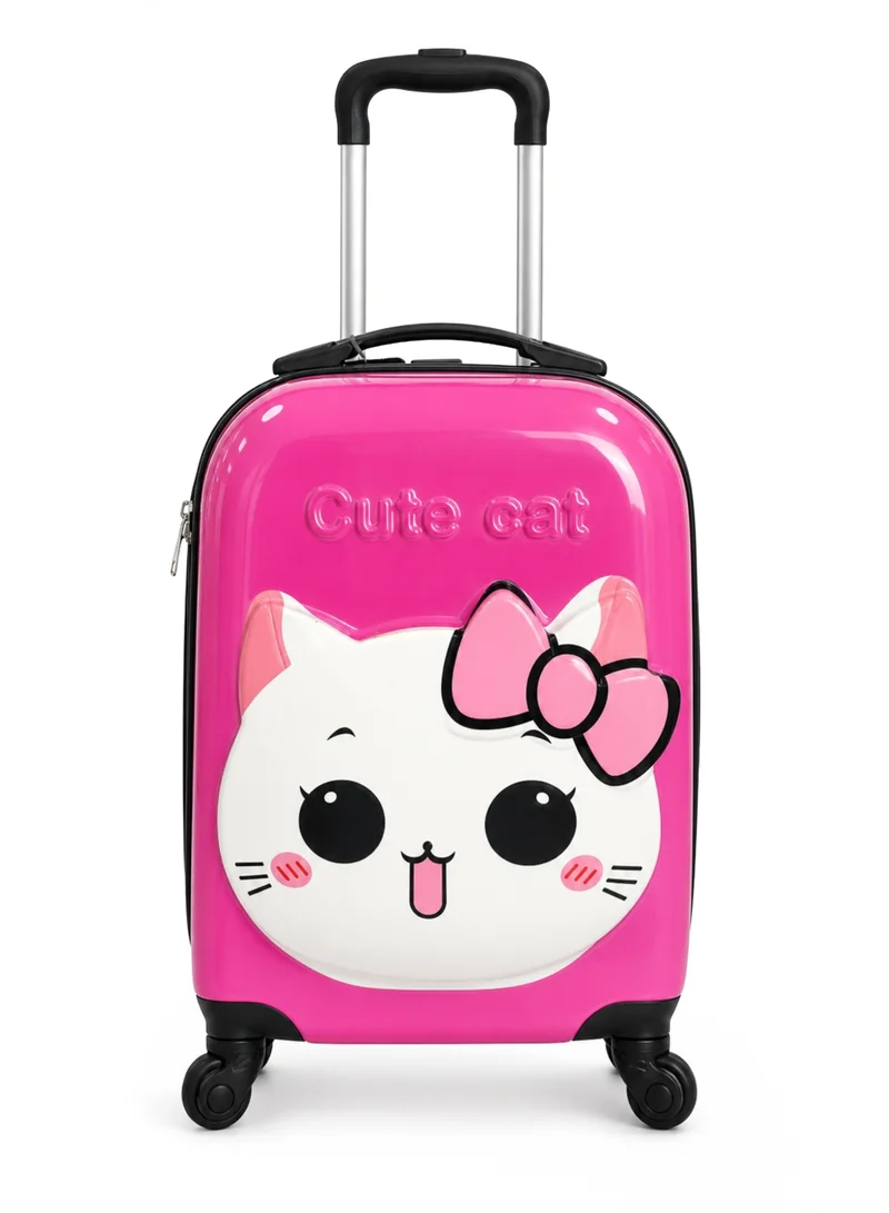Trucare 16" Kids Hard Shell Trolley Luggage – Dark Pink Cute Cat Design | ABS + PC Embossed Suitcase with 360° Spinner Wheels