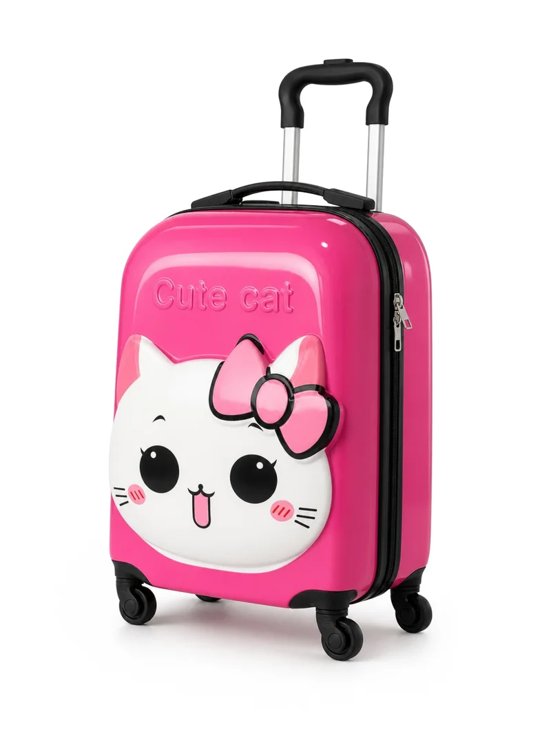 Trucare 16" Kids Hard Shell Trolley Luggage – Dark Pink Cute Cat Design | ABS + PC Embossed Suitcase with 360° Spinner Wheels