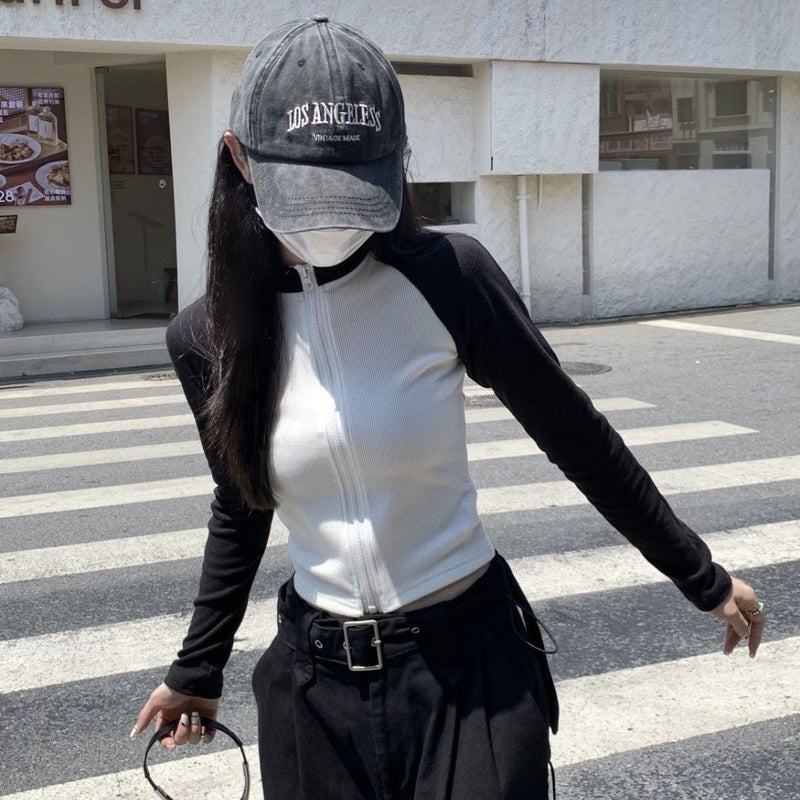 Women's Contrast Color Patchwork Round Neck Long Sleeve T-Shirt - Image 2