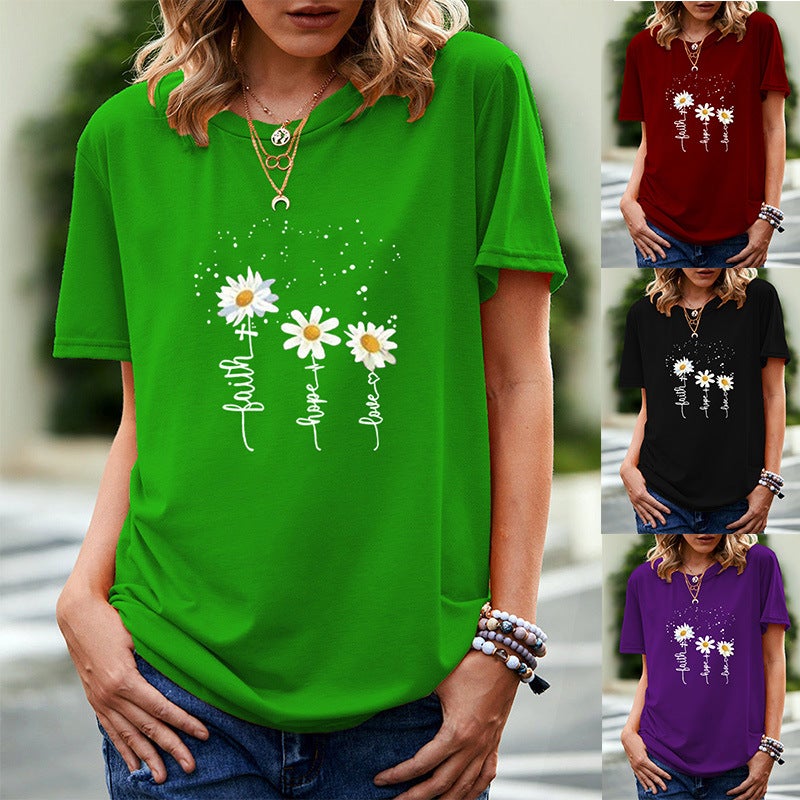 Wish Independent Station Daisy Fun Pattern Printed Short Sleeve T-Shirt Women - Image 2