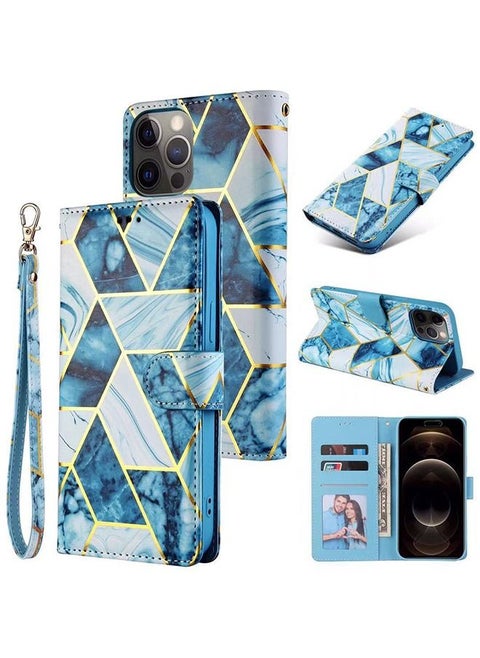 iPhone 14 Pro Max Mobile Case Cover with Premium PU Leather Geometric Marble Pattern Wallet Back Cover with Detachable Wrist Strap Magnetic Closure Shockproof Marble Flip Protector  Blue