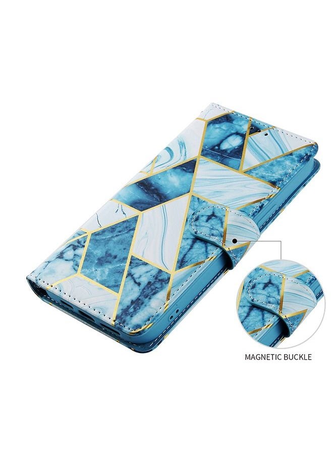 iPhone 14 Pro Max Mobile Case Cover with Premium PU Leather Geometric Marble Pattern Wallet Back Cover with Detachable Wrist Strap Magnetic Closure Shockproof Marble Flip Protector  Blue