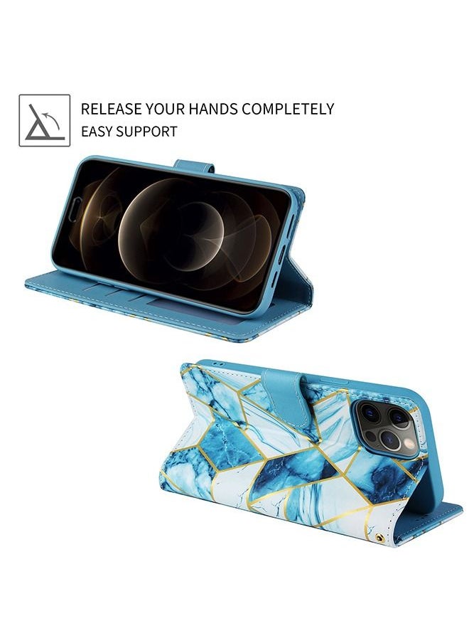 iPhone 14 Pro Max Mobile Case Cover with Premium PU Leather Geometric Marble Pattern Wallet Back Cover with Detachable Wrist Strap Magnetic Closure Shockproof Marble Flip Protector  Blue