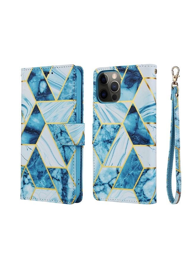 iPhone 14 Pro Max Mobile Case Cover with Premium PU Leather Geometric Marble Pattern Wallet Back Cover with Detachable Wrist Strap Magnetic Closure Shockproof Marble Flip Protector  Blue