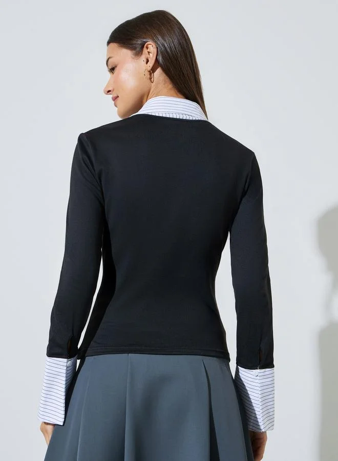 Styli  Black Stripe Trim Collared Knit Twofer Top for Women | Best Price UAE