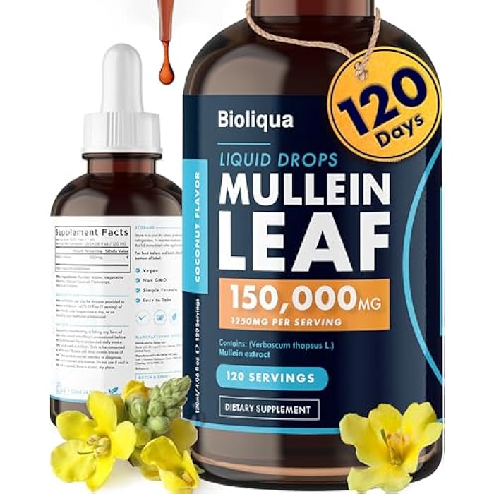 Balance Bioliqua Mullein Drops for Lungs - High Strength of 150,000mg per 4fl oz Tincture - 120 Servings at 1,250mg per Dose - Lung Detox & Bronchial Cleanse - Coconut Flavour - Image 1