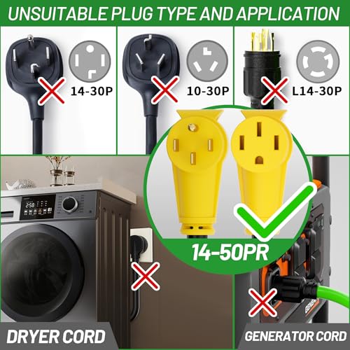 POWGRN NEMA 14-50P to NEMA 14-50R 50 Amp RV/EV Extension Cord 30 FT Outdoor with Grip Handle, Flexible Heavy Duty RV Power Cord Waterproof, 50A 125/250V 6250/12500W STW, Black-Yellow, ETL Listed - Image 2