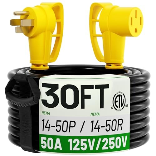 POWGRN NEMA 14-50P to NEMA 14-50R 50 Amp RV/EV Extension Cord 30 FT Outdoor with Grip Handle, Flexible Heavy Duty RV Power Cord Waterproof, 50A 125/250V 6250/12500W STW, Black-Yellow, ETL Listed - Image 1