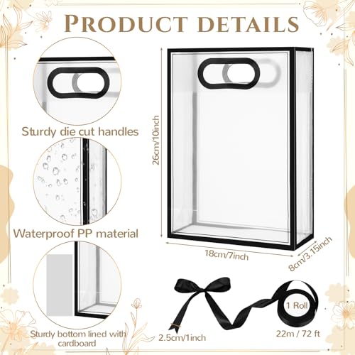 Aliceset 12 Pcs Clear Plastic Gift Bag with Die Cut Handles Reusable PP Favor Bag with Ribbon for Fall Halloween Wedding Bridal Birthday Baby Shower Party Small Business, 7x10x3.15 Inch(Black) - Image 2