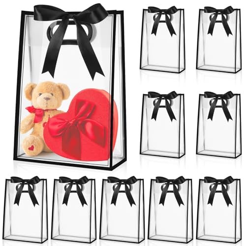 Aliceset 12 Pcs Clear Plastic Gift Bag with Die Cut Handles Reusable PP Favor Bag with Ribbon for Fall Halloween Wedding Bridal Birthday Baby Shower Party Small Business, 7x10x3.15 Inch(Black) - Image 1