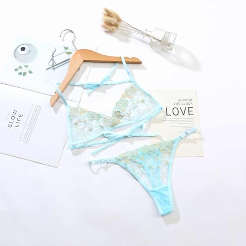 GirlFriend Women Lingerie Set Lace Teddy Strap Embroidery Bikini Bodysuit Lingerie Embroidery Bra Panty Set for Girl Women (Blue, S) - Image 5