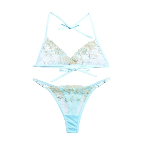 GirlFriend Women Lingerie Set Lace Teddy Strap Embroidery Bikini Bodysuit Lingerie Embroidery Bra Panty Set for Girl Women (Blue, S) - Image 4
