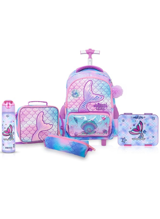 Eazy Kids حقيبة ظهر مدرسية على عجلات 17 بوصة مع مجموعة غداء بنتو قابلة للتحويل وزجاجة ماء معزولة – وردية حورية البحر - Image 1