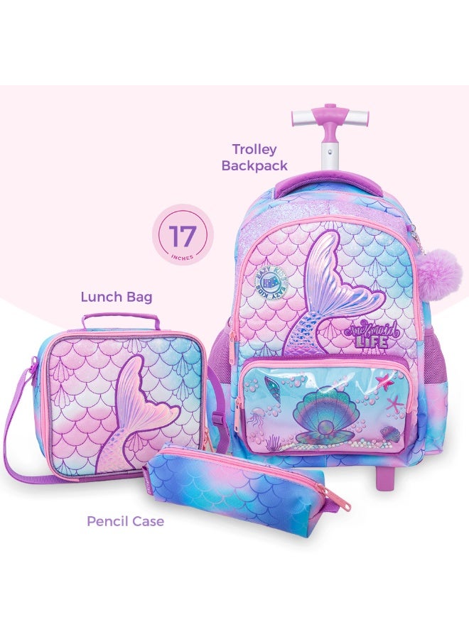 Eazy Kids حقيبة ظهر مدرسية على عجلات 17 بوصة مع مجموعة غداء بنتو قابلة للتحويل وزجاجة ماء معزولة – وردية حورية البحر - Image 2