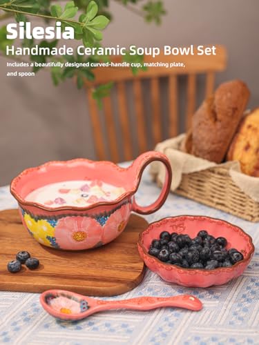silesia Handmade Ceramic Soup Bowl, Plate and Spoon Set, 30 Oz Hand Painted Bowl Set with Loop Handle, Floral Design Cereal Bowls for Soup, Ice cream, Snack, Microwave & Dishwasher Safe (Glazed Pink) - Image 4