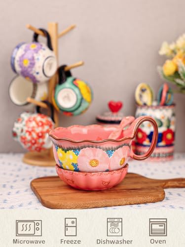 silesia Handmade Ceramic Soup Bowl, Plate and Spoon Set, 30 Oz Hand Painted Bowl Set with Loop Handle, Floral Design Cereal Bowls for Soup, Ice cream, Snack, Microwave & Dishwasher Safe (Glazed Pink) - Image 3