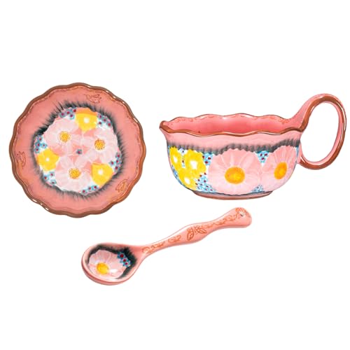 silesia Handmade Ceramic Soup Bowl, Plate and Spoon Set, 30 Oz Hand Painted Bowl Set with Loop Handle, Floral Design Cereal Bowls for Soup, Ice cream, Snack, Microwave & Dishwasher Safe (Glazed Pink) - Image 1