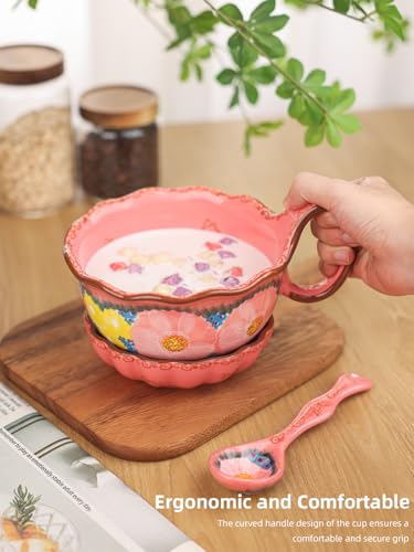 silesia Handmade Ceramic Soup Bowl, Plate and Spoon Set, 30 Oz Hand Painted Bowl Set with Loop Handle, Floral Design Cereal Bowls for Soup, Ice cream, Snack, Microwave & Dishwasher Safe (Glazed Pink) - Image 5