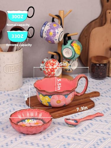 silesia Handmade Ceramic Soup Bowl, Plate and Spoon Set, 30 Oz Hand Painted Bowl Set with Loop Handle, Floral Design Cereal Bowls for Soup, Ice cream, Snack, Microwave & Dishwasher Safe (Glazed Pink) - Image 2