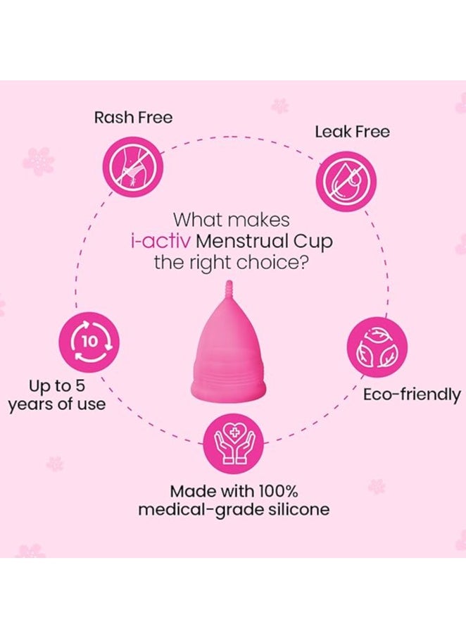 i-activ - i-activ Menstrual Cup for Women with free sterilizer case | Rash-Free, Leak-Free & Ultra soft Cup with Pouch| 100% Medical Grade Silicone | 8-10 hrs protection (Medium) Pack of 1 - Image 1